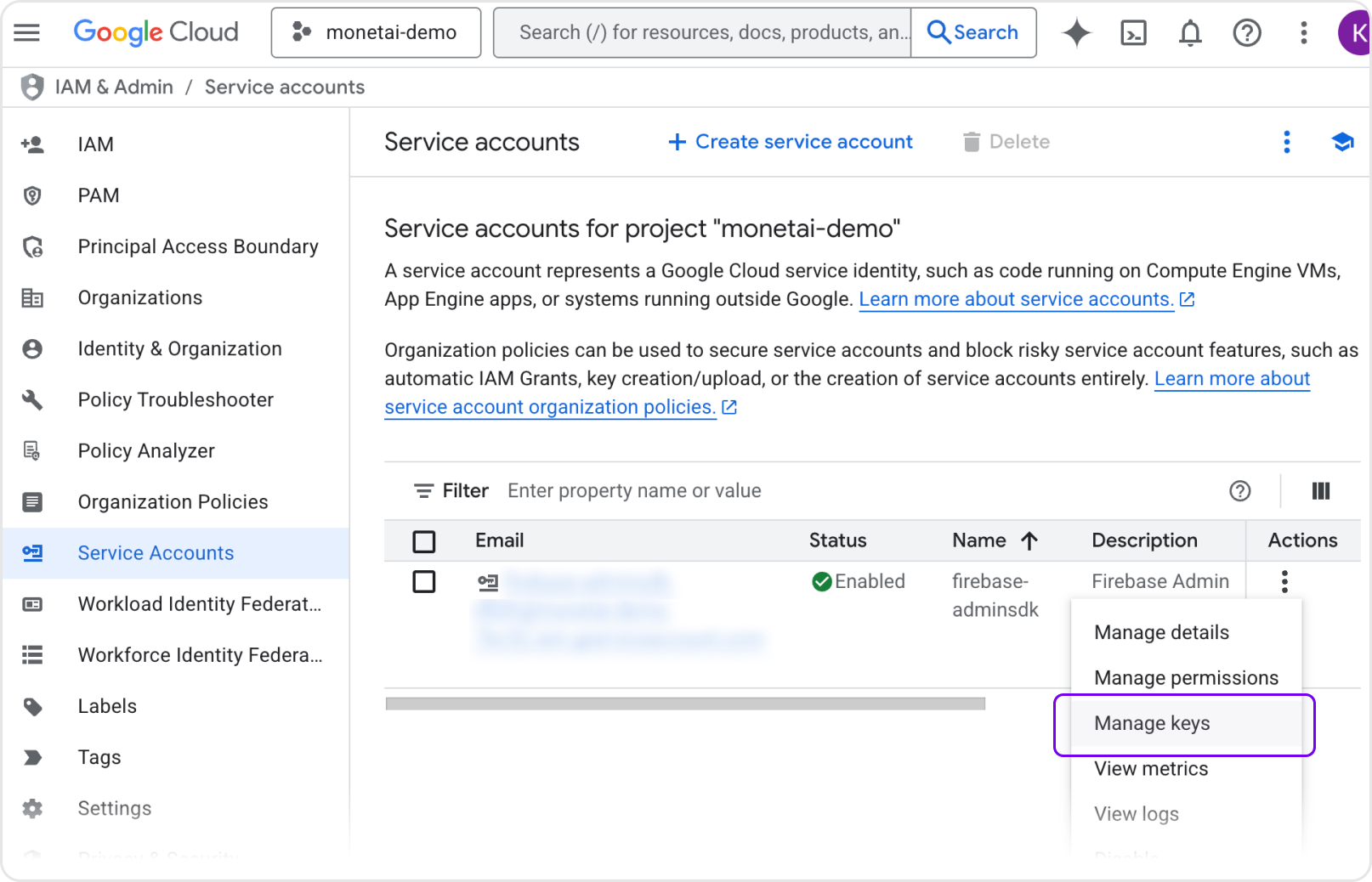 Download Service Account Key