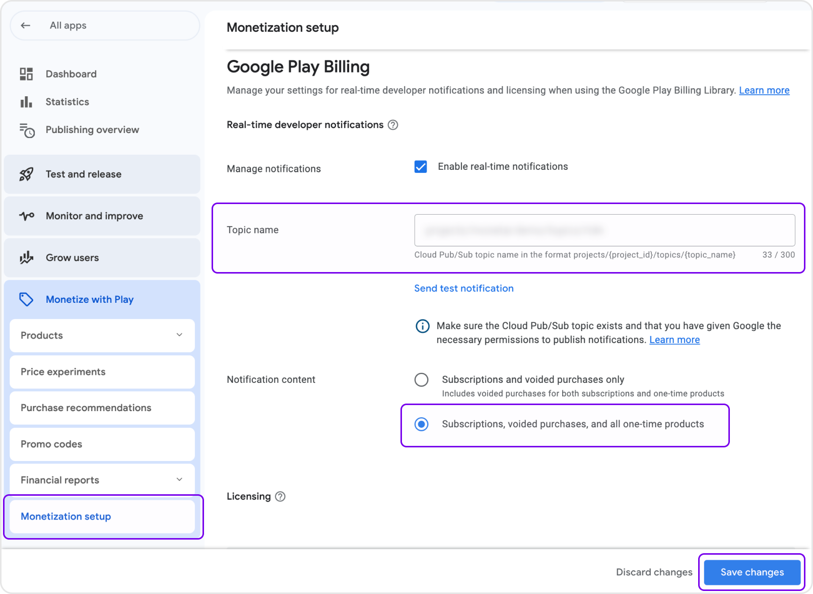 Register Topic in Google Play Console