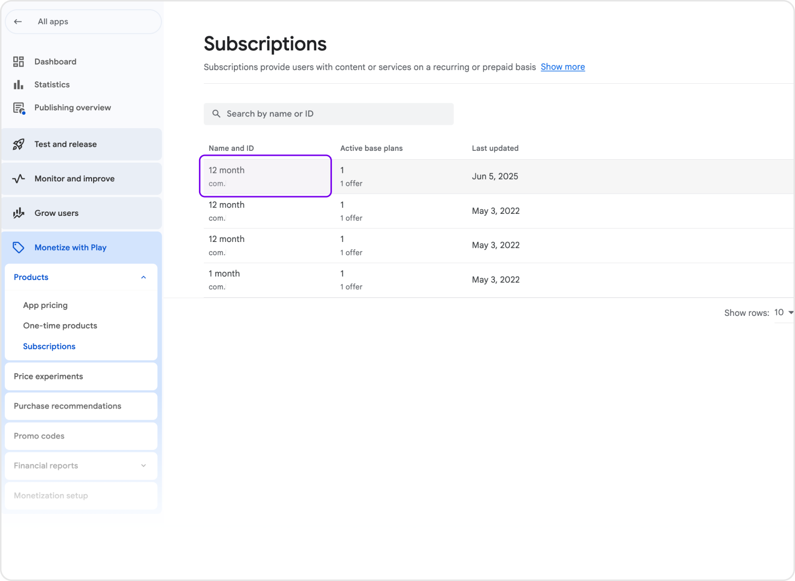 Android Subscription Product ID